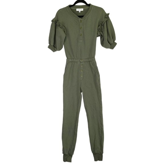 SOMETHING NAVY Olive Green Ruffle Sleeve Henley Jumpsuit‎ Size XXS - Picture 1 of 10
